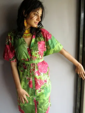 Green Fuchsia Flowers V-Neck Full Button Down, Knee Length, Belted Caftan-E6 fabric Code