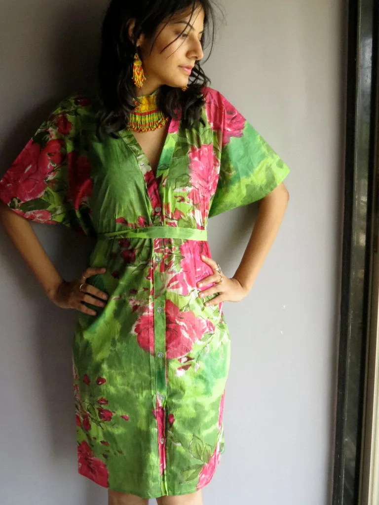 Green Fuchsia Flowers V-Neck Full Button Down, Knee Length, Belted Caftan-E6 fabric Code