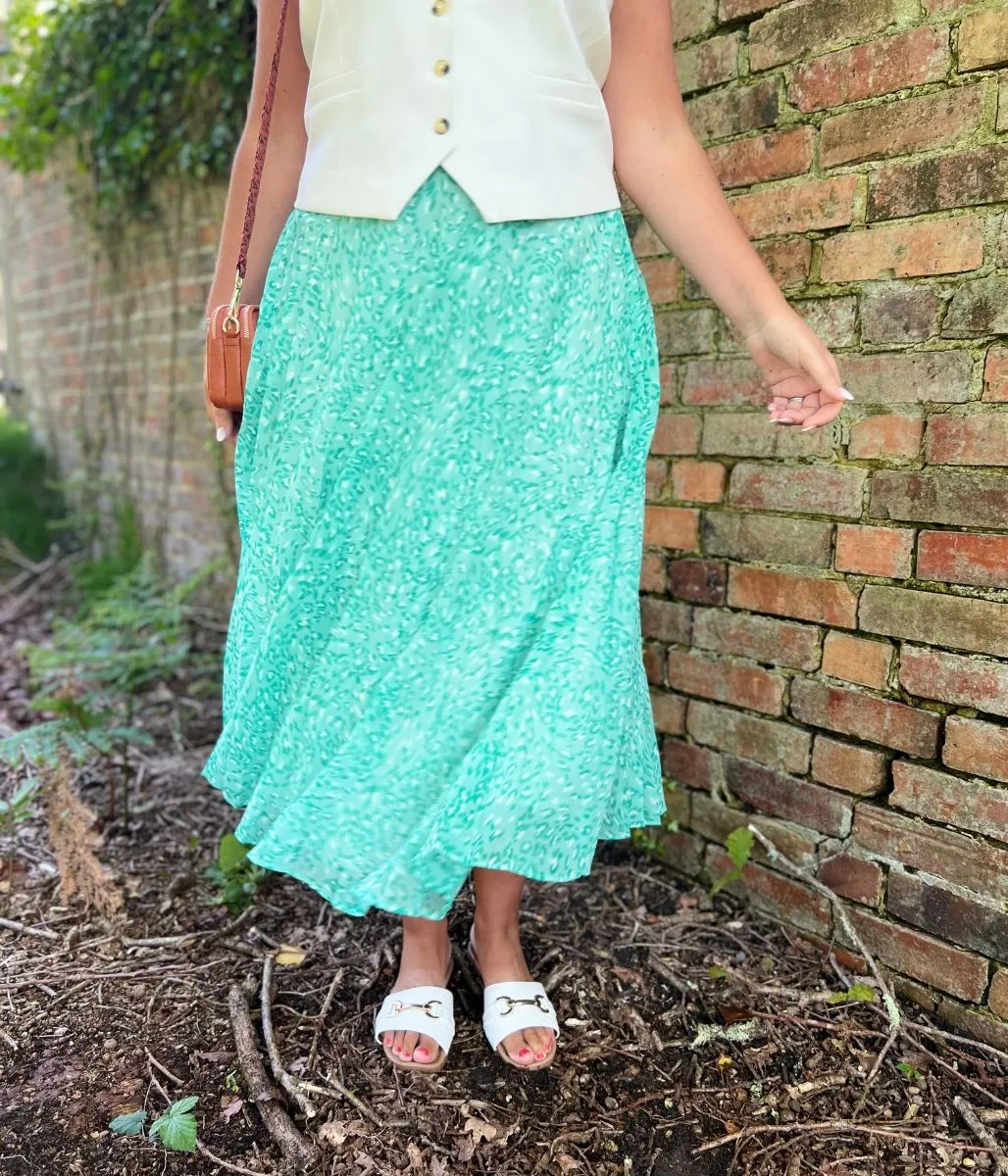 Green Swirling Animal Pleated Midi Skirt 6