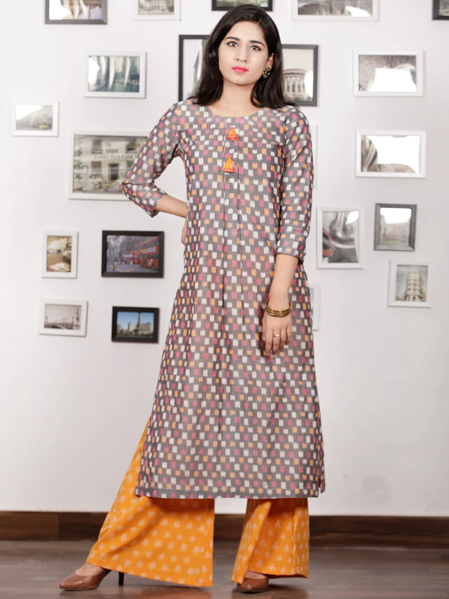 Grey Pink Peach White Handloom Mercerised Ikat Long Kurta With Golden Yellow Culottes (Set of 2)   - D283F1406