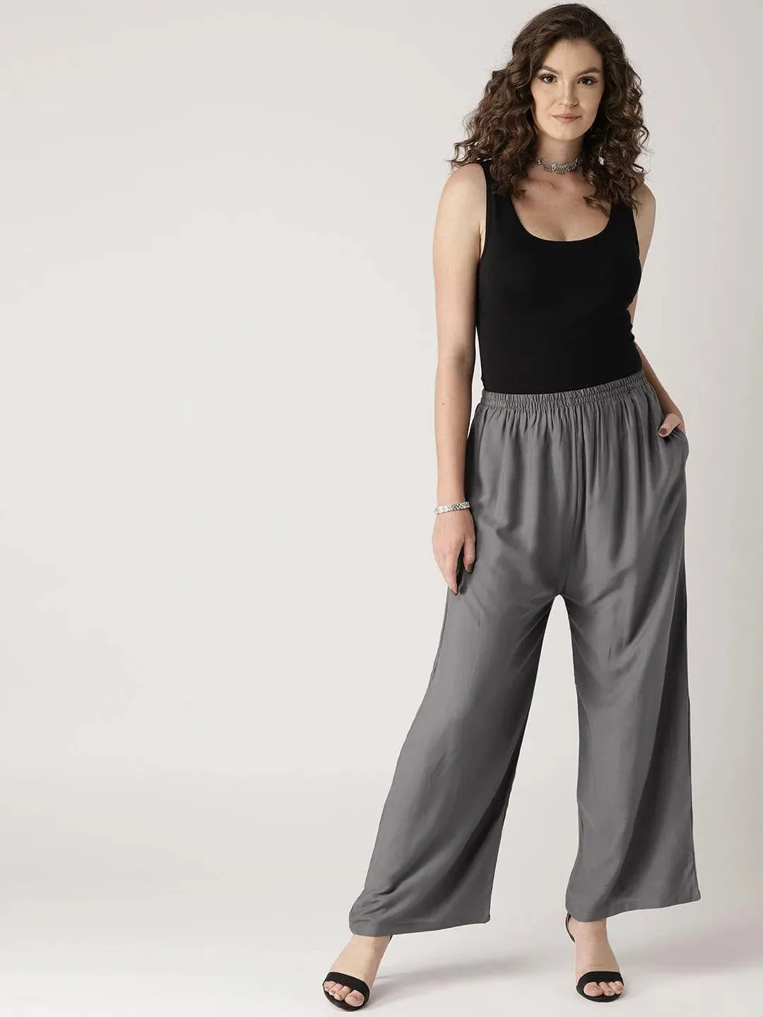 Grey Solid Rayon Palazzos