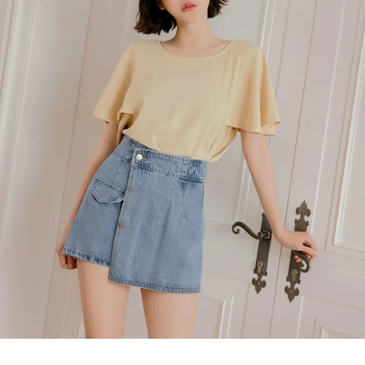 HIGH WAIST ASYMMETRICAL BUTTONS MINI DENIM SKIRTS