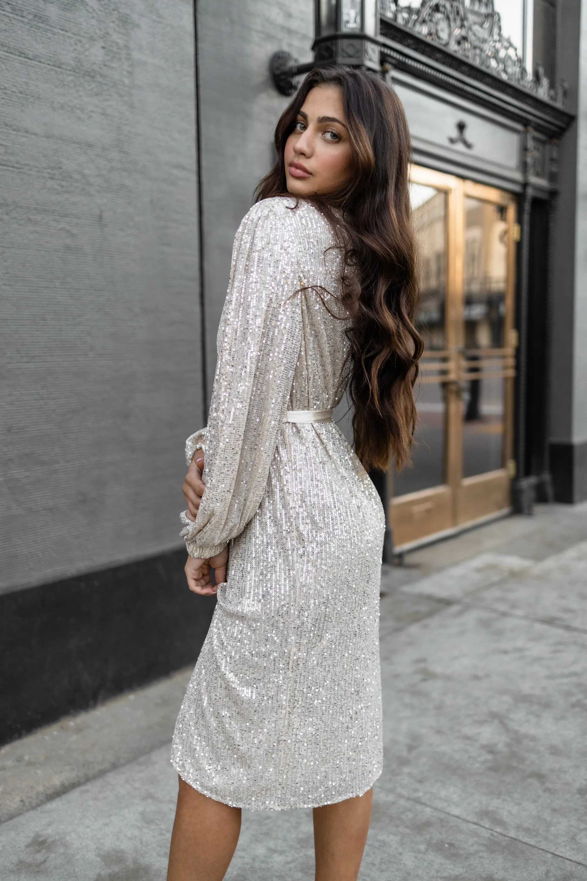 Holiday sequin wrap midi