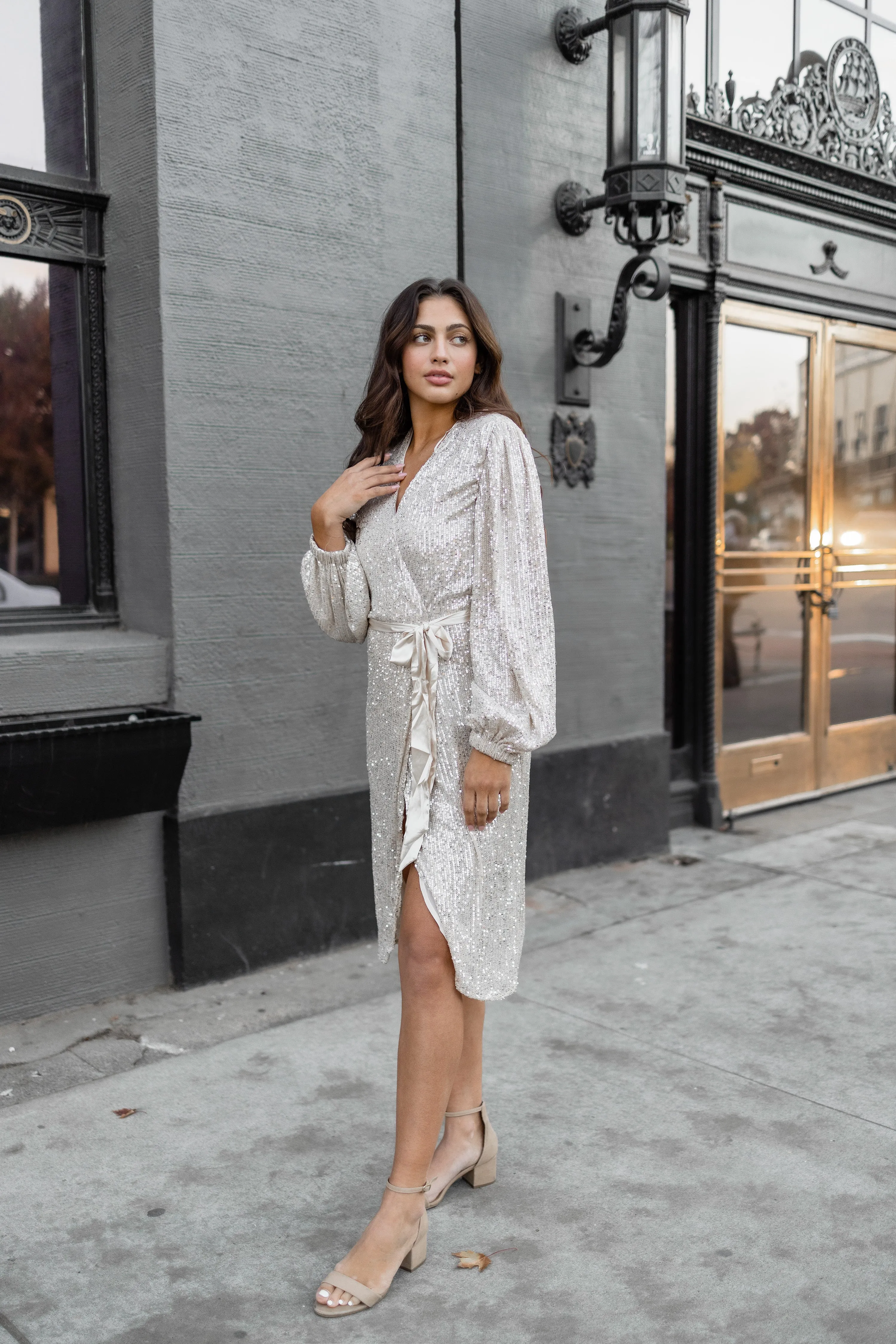 Holiday sequin wrap midi