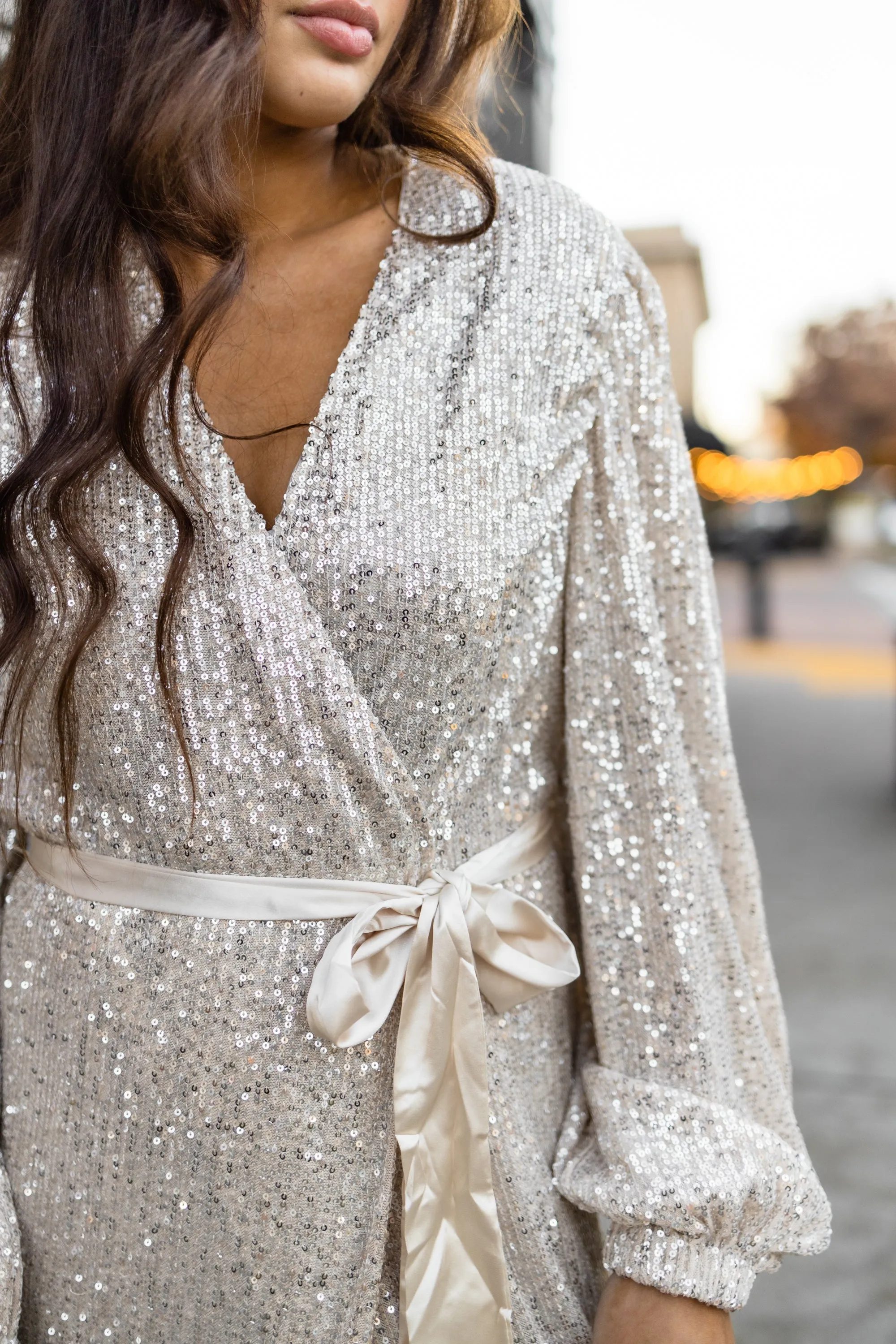 Holiday sequin wrap midi