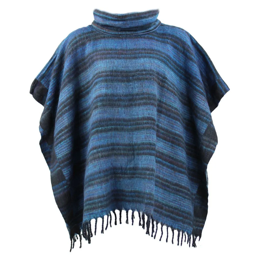 Hooded Square Poncho - Blue & Black