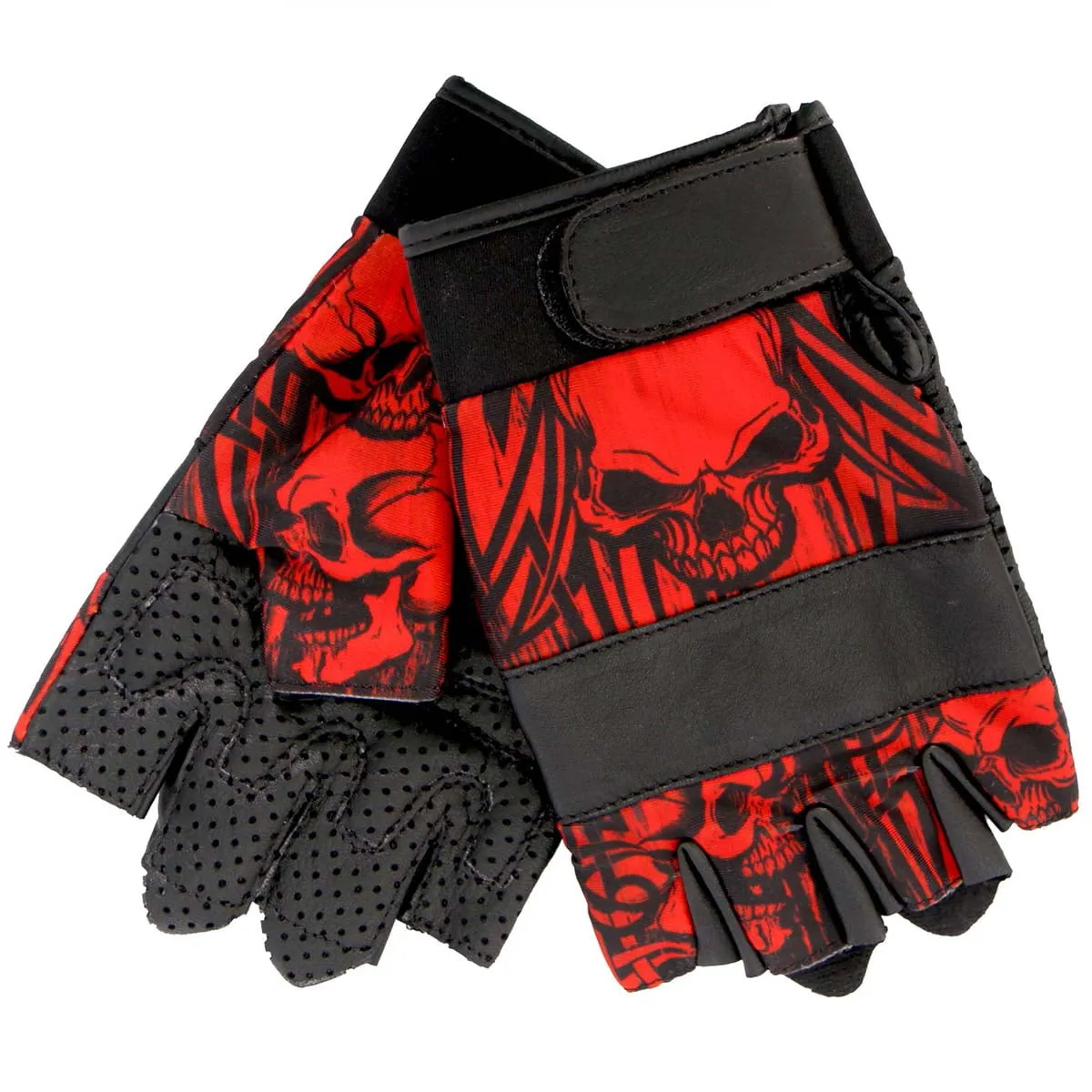 Hot Leathers GVM3010 Uni-Sex Black 'Red Skull' Fingerless Leather