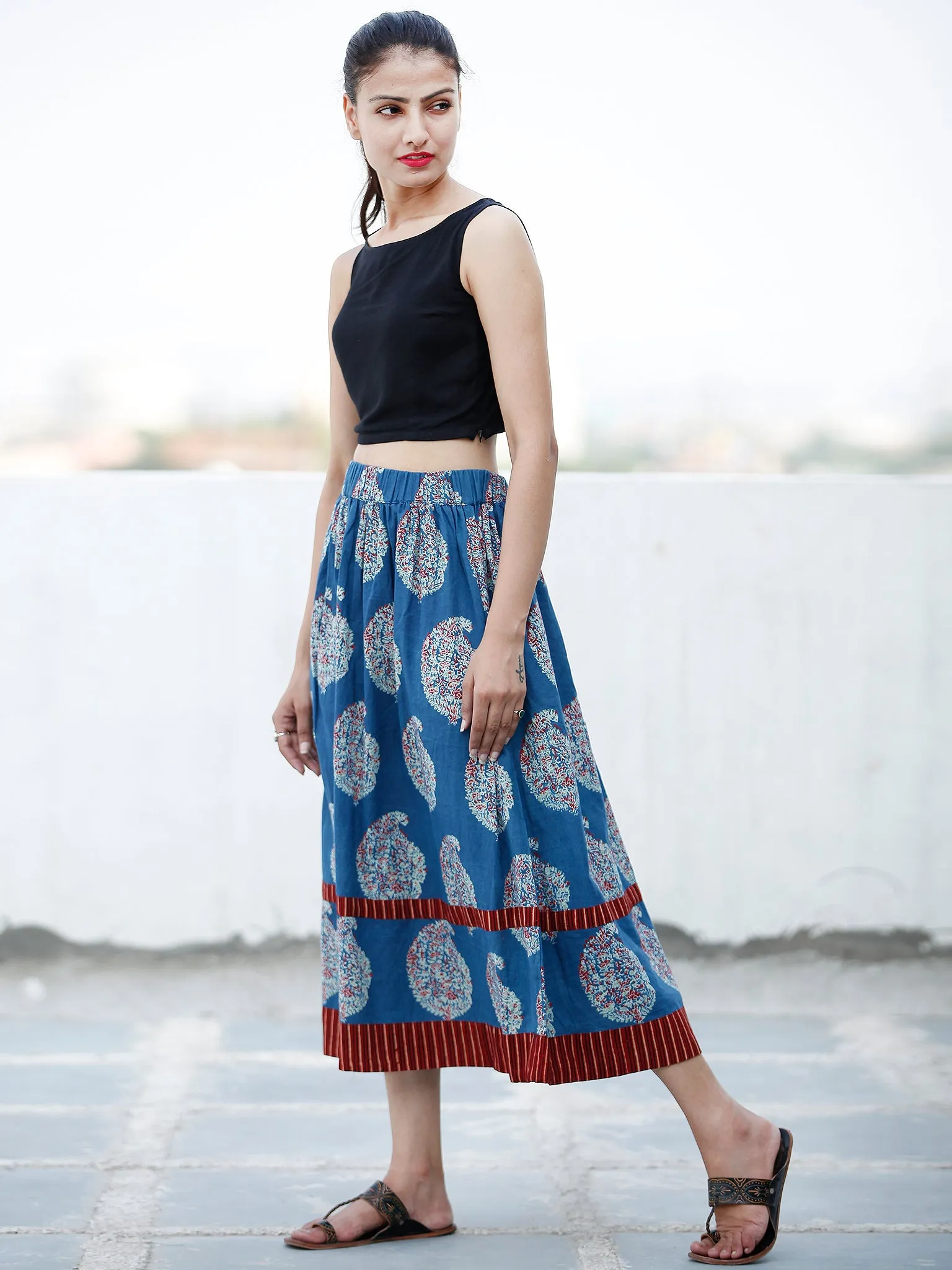 Indigo Green Ajrakh Hand Block Printed Short Skirt  - S40FXXX