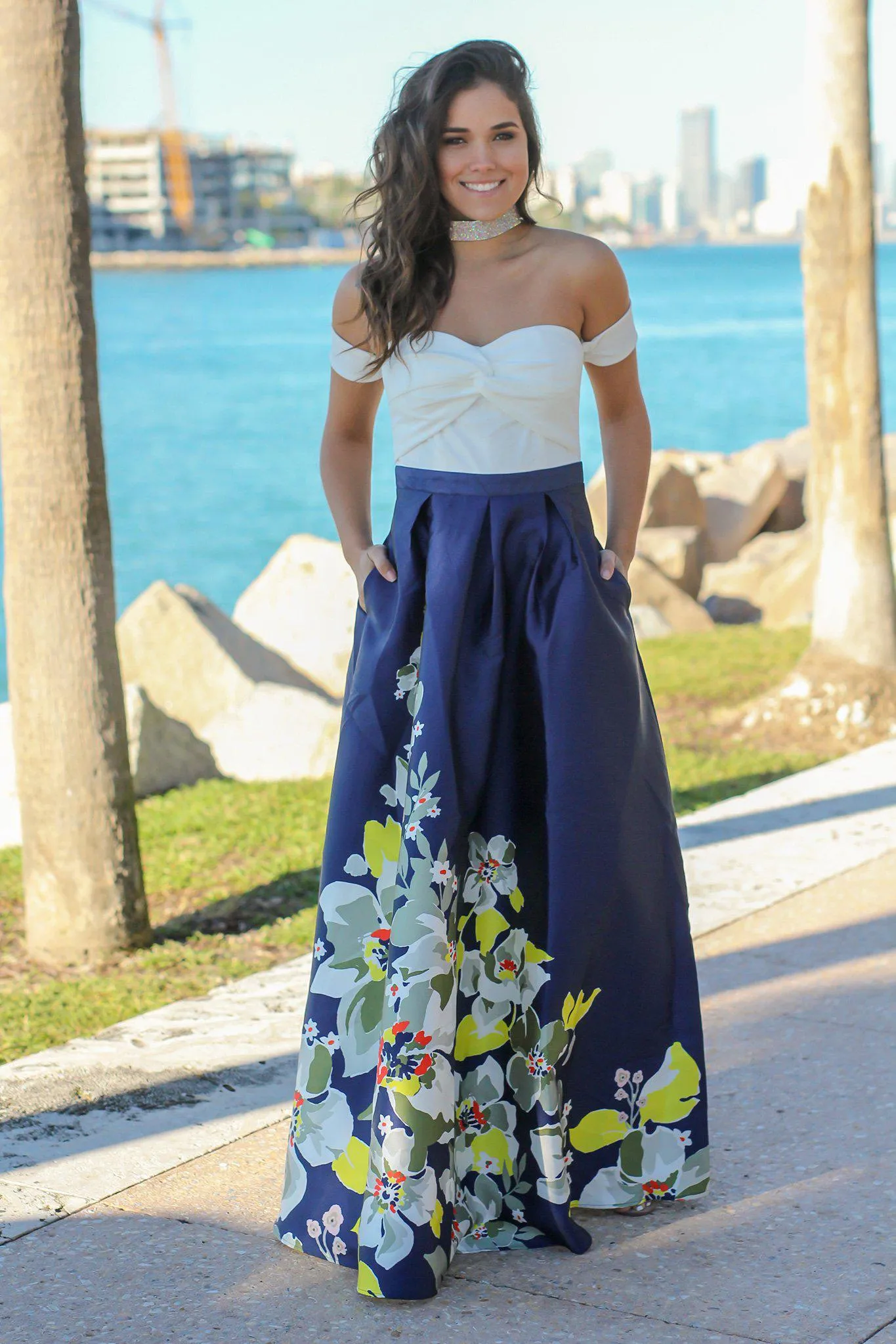 Ivory and Navy Off Shoulder Floral Maxi Dress