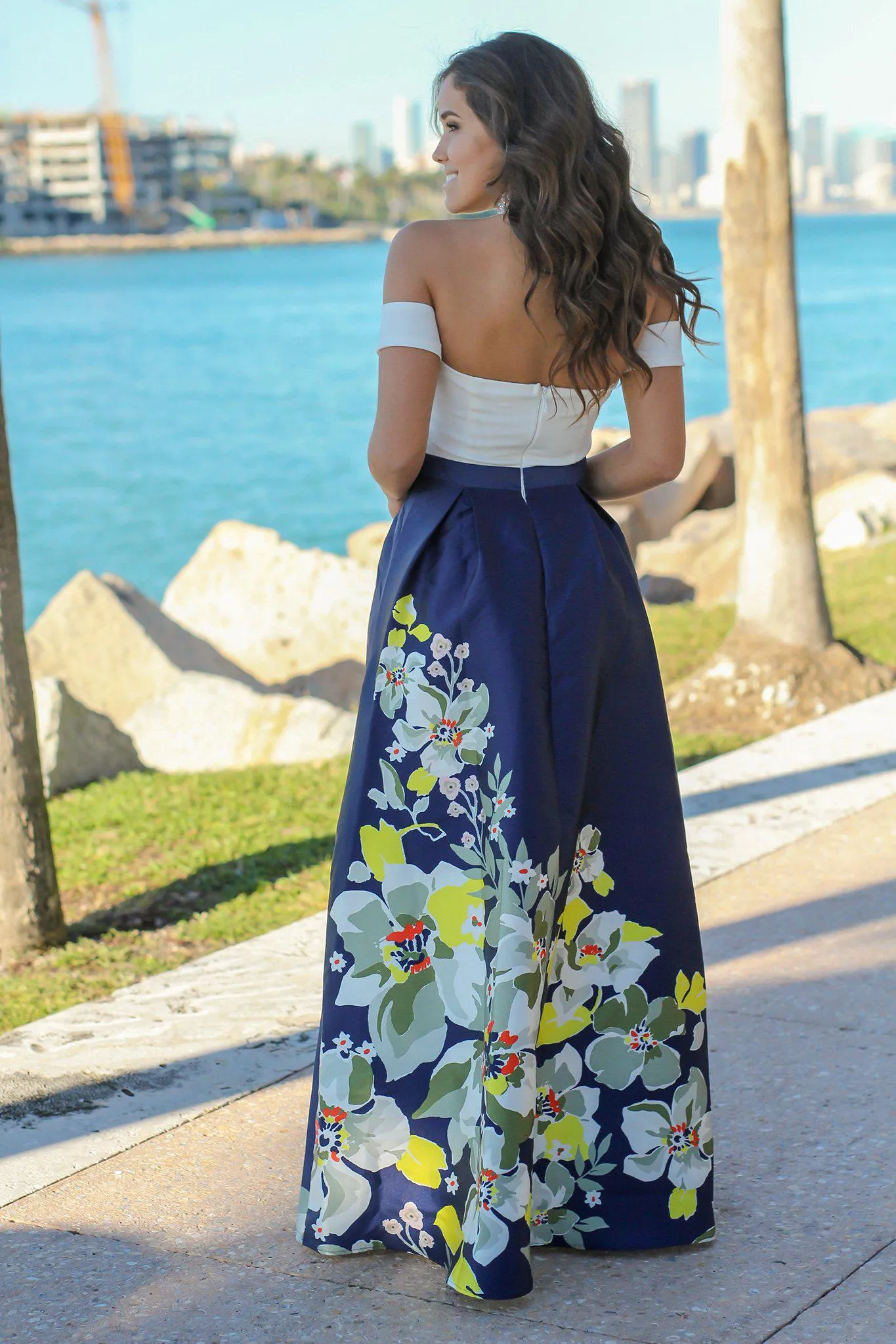 Ivory and Navy Off Shoulder Floral Maxi Dress