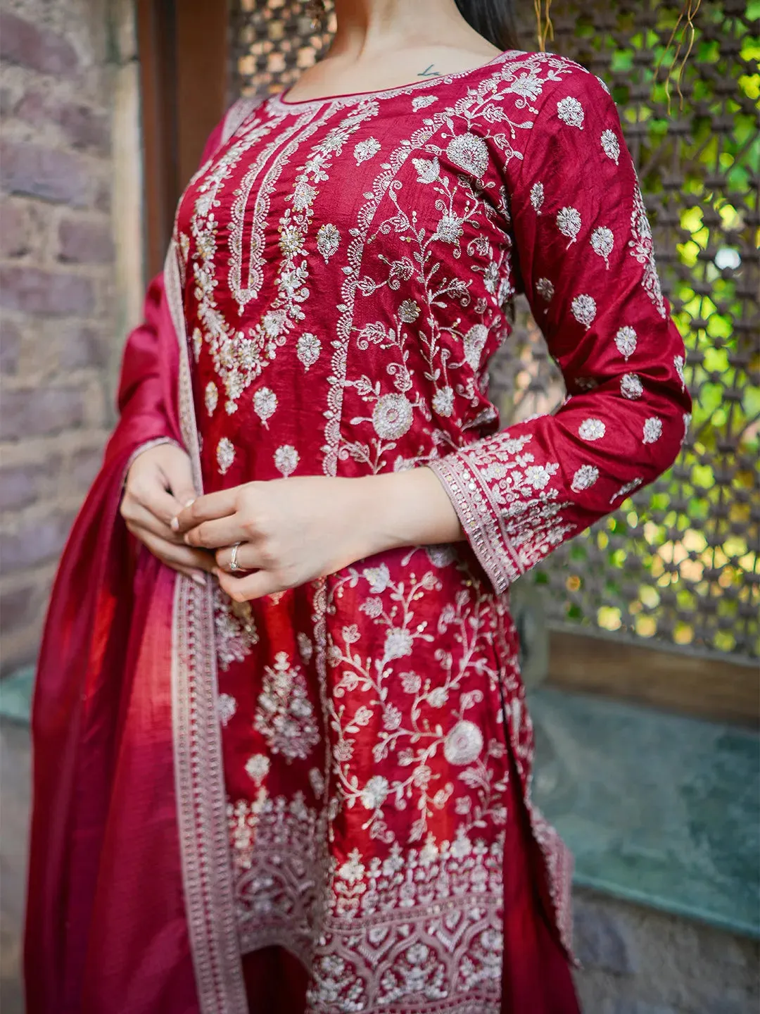 Jashvi Art Pink Embroidered Silk Straight Suit With Dupatta