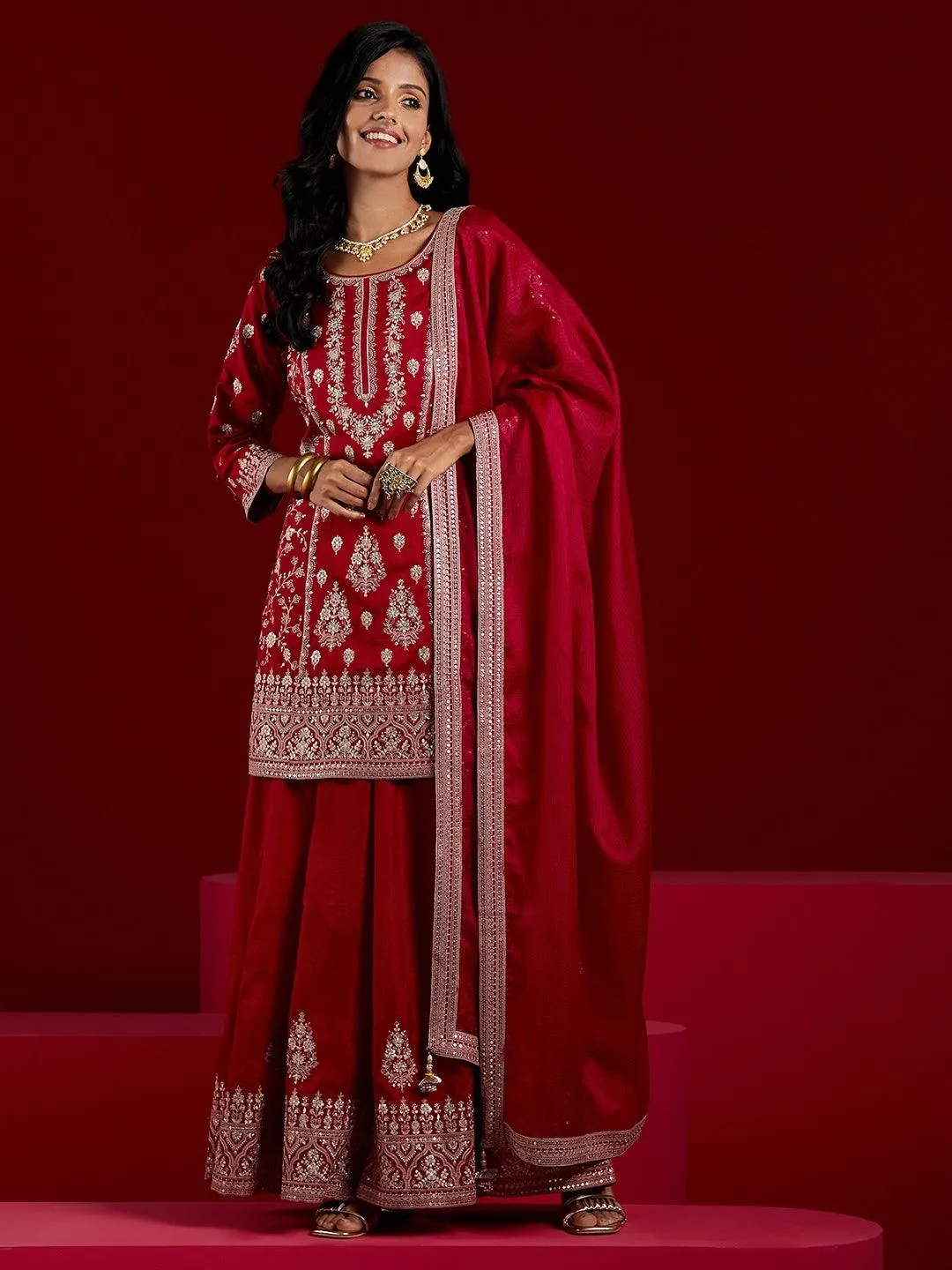 Jashvi Art Pink Embroidered Silk Straight Suit With Dupatta