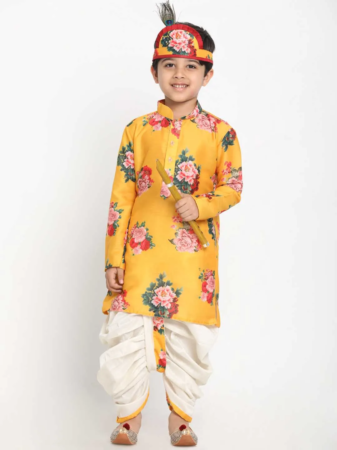 Jashvi Boy's Yellow Krishna Style Kurta and Dhot Set