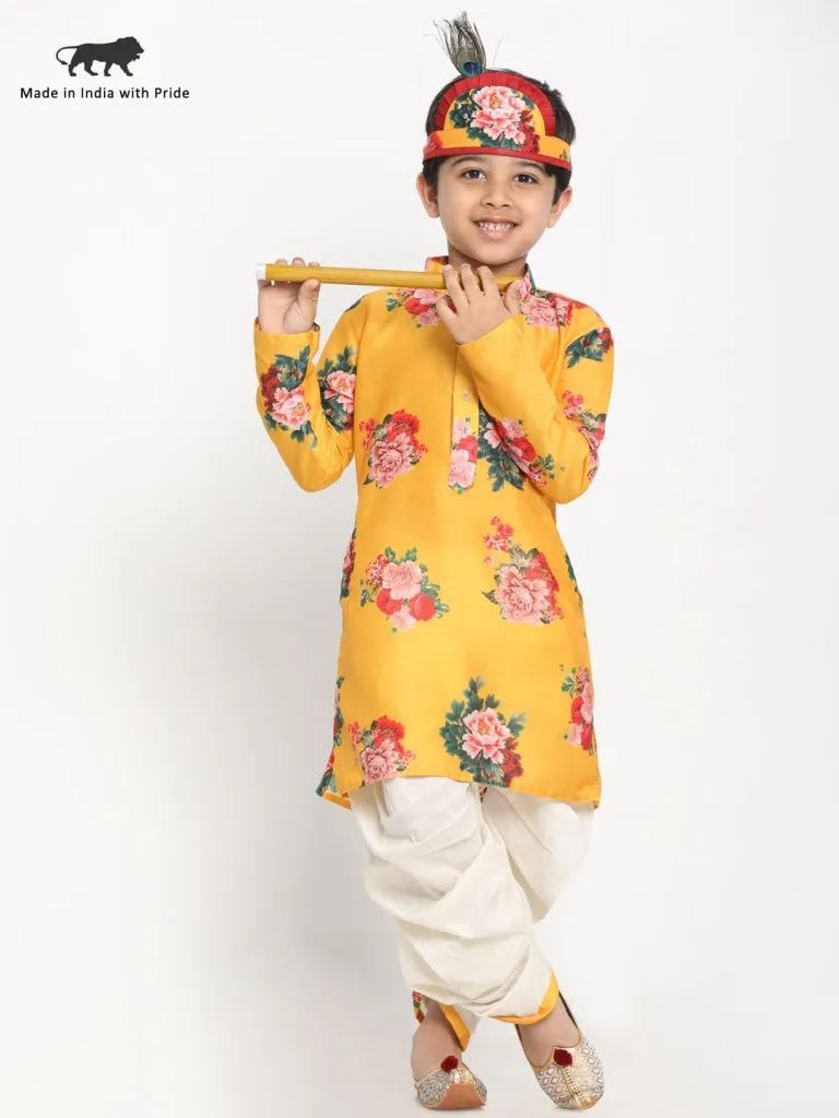 Jashvi Boy's Yellow Krishna Style Kurta and Dhot Set