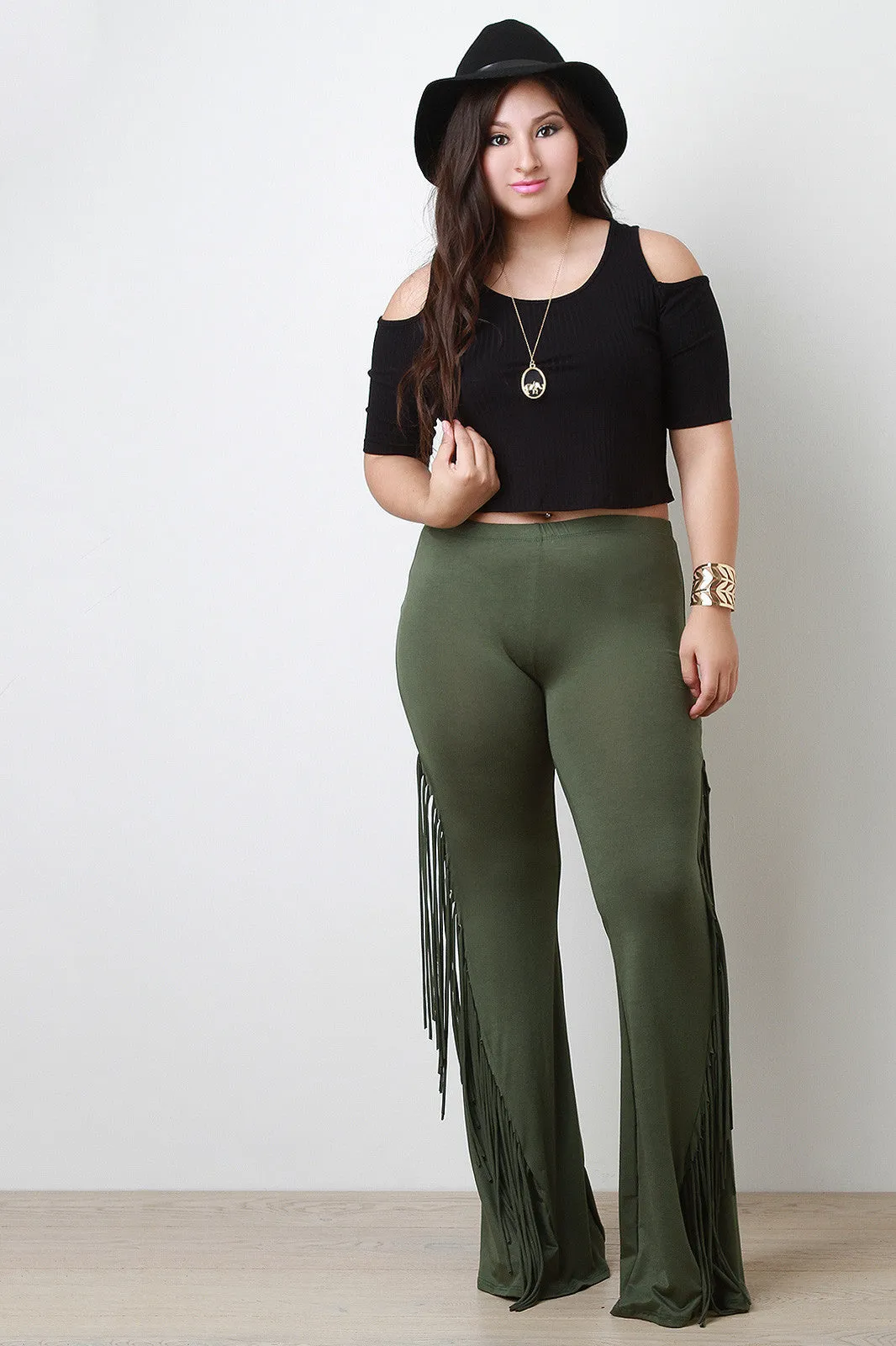 Jersey Knit Side Fringe Flared Bottom Pants