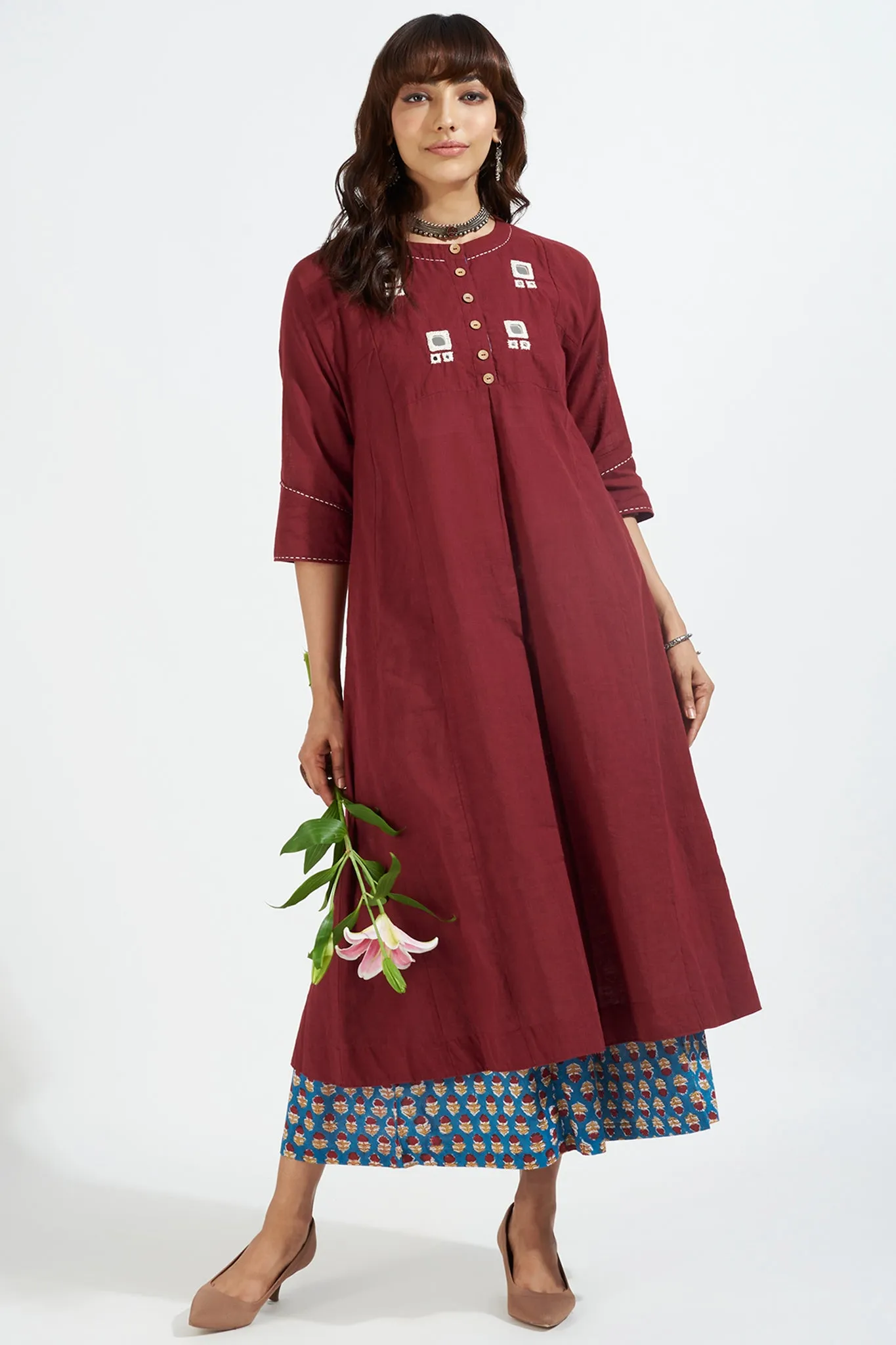 kalidar kurta - merlot maroon & ivory reflections