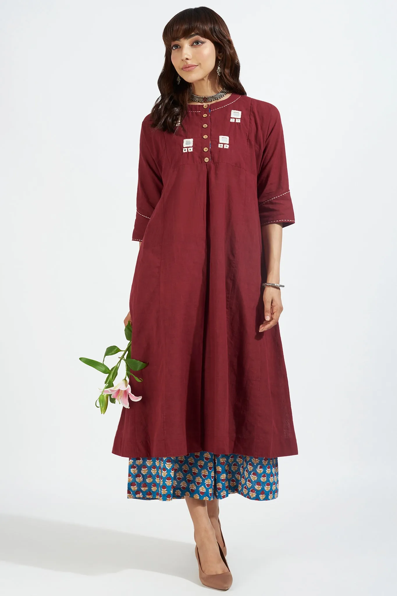 kalidar kurta - merlot maroon & ivory reflections