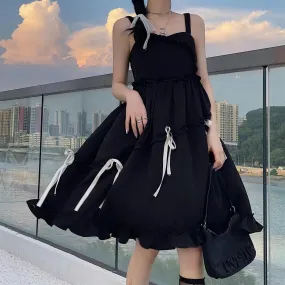 Kawaii Cute Slip Dress Women Sweet Preppy Style Lolita Ruffles Black Dresses School Student Clothes Spring Summer