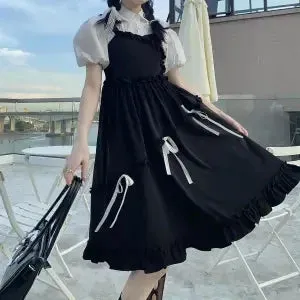 Kawaii Cute Slip Dress Women Sweet Preppy Style Lolita Ruffles Black Dresses School Student Clothes Spring Summer