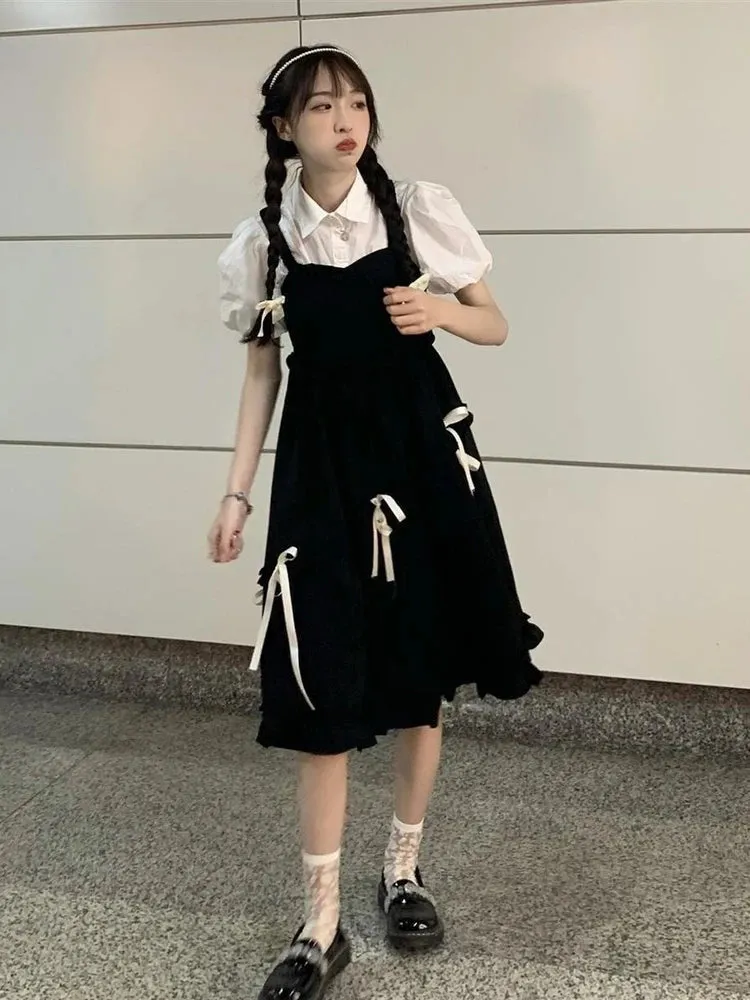 Kawaii Cute Slip Dress Women Sweet Preppy Style Lolita Ruffles Black Dresses School Student Clothes Spring Summer