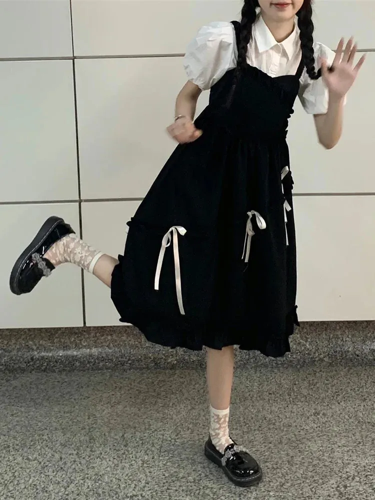 Kawaii Cute Slip Dress Women Sweet Preppy Style Lolita Ruffles Black Dresses School Student Clothes Spring Summer