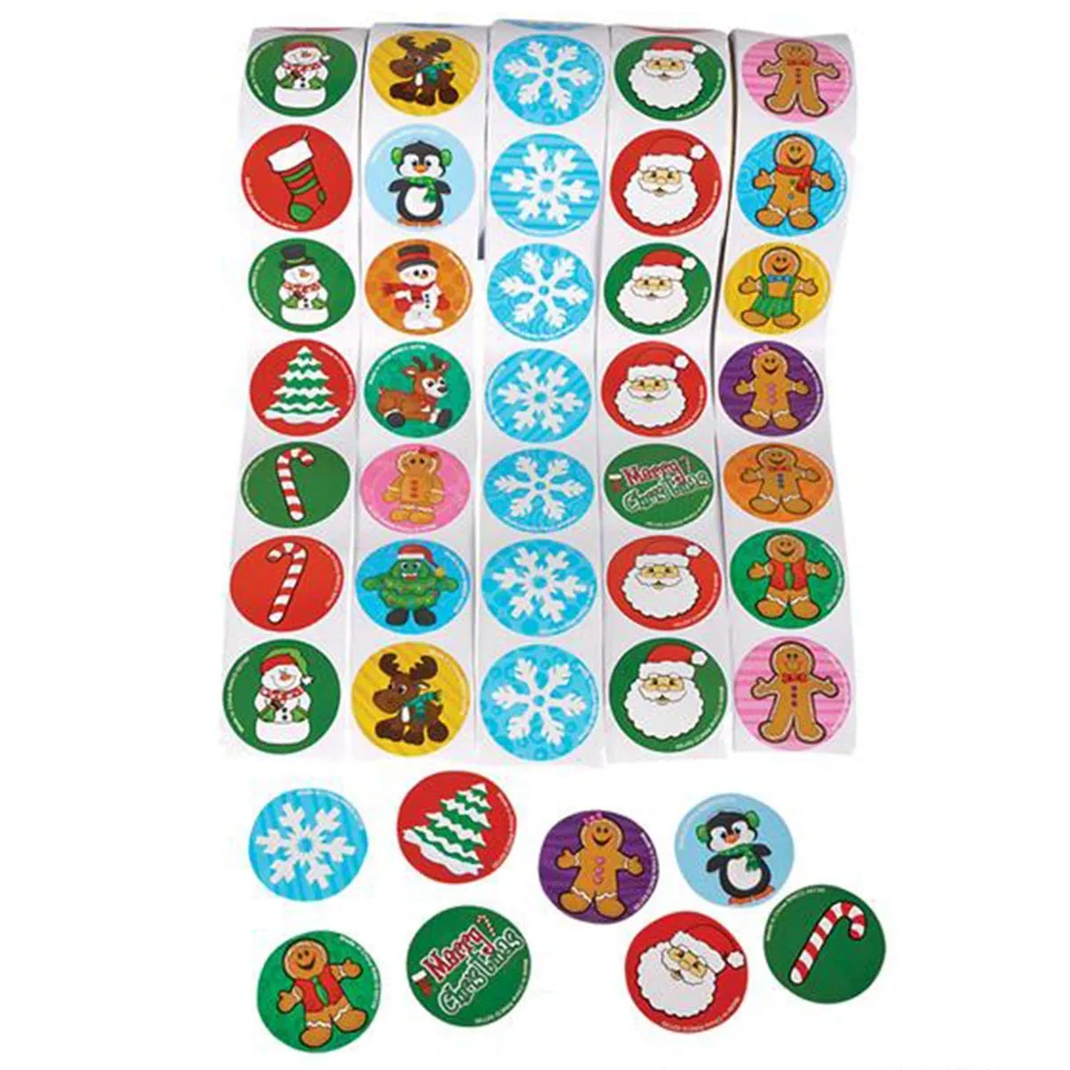 Kicko Holiday Stickers Roll for Kids - Gingerbread Man, Santa, Snowflakes, Penguin, Candy