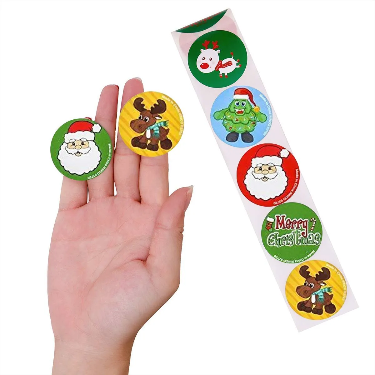 Kicko Holiday Stickers Roll for Kids - Gingerbread Man, Santa, Snowflakes, Penguin, Candy