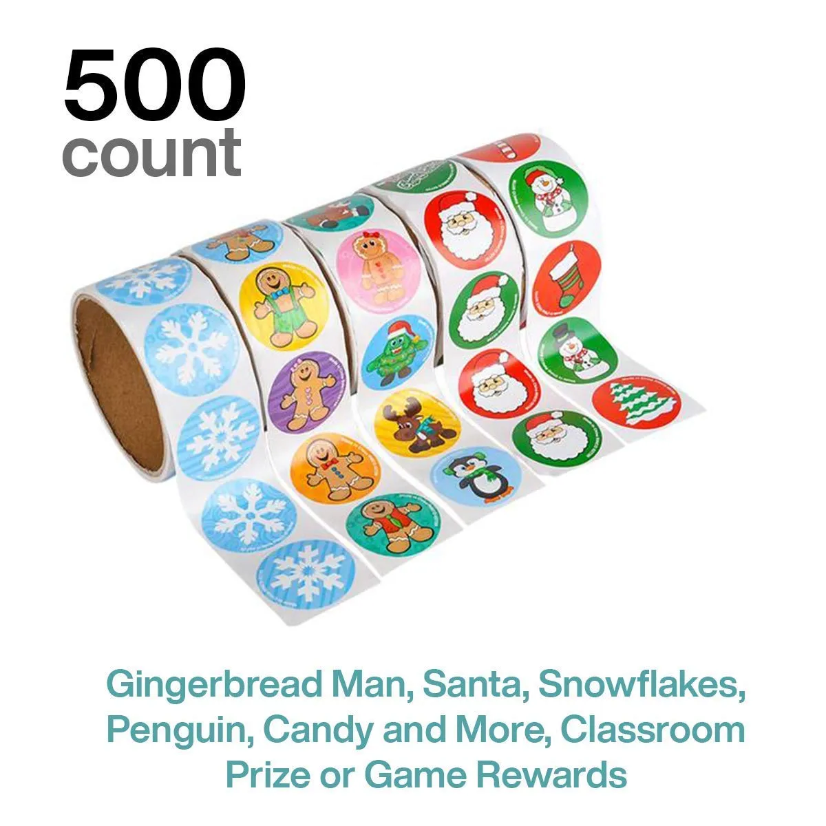 Kicko Holiday Stickers Roll for Kids - Gingerbread Man, Santa, Snowflakes, Penguin, Candy