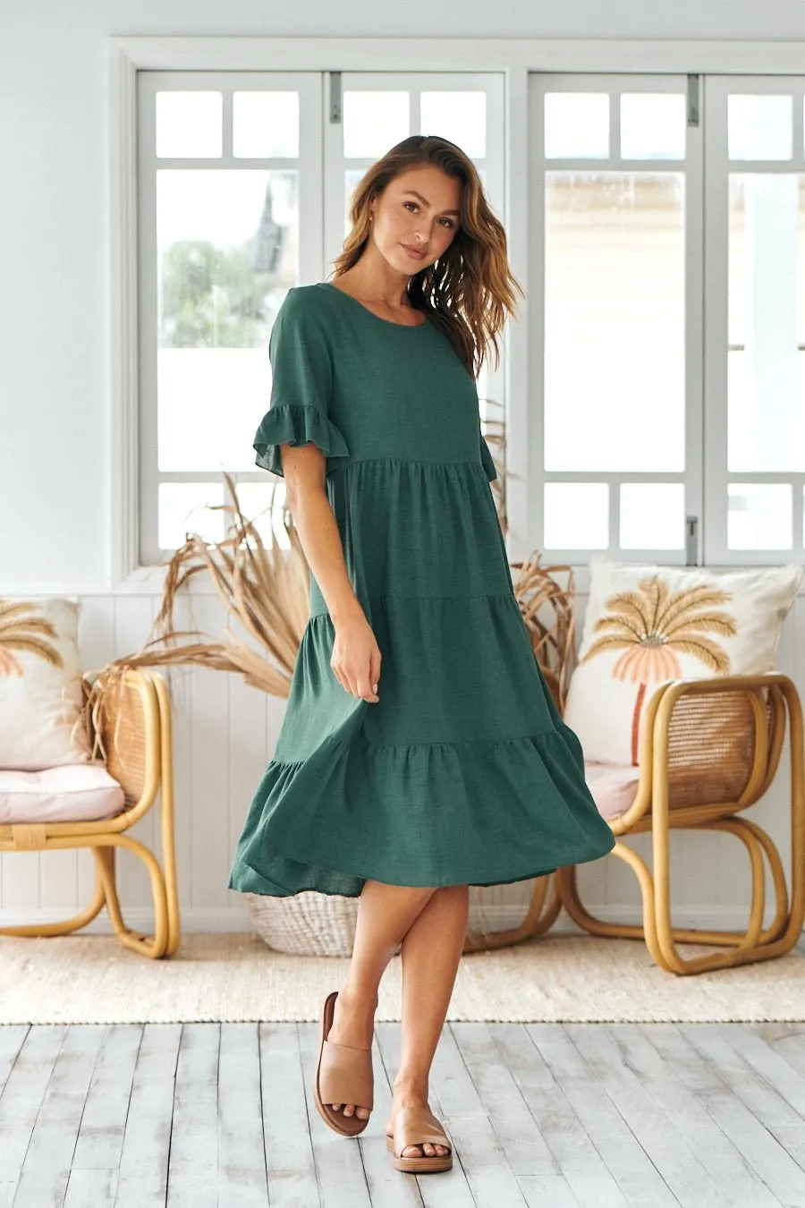 Kimberly Green Midi Tiered Dress