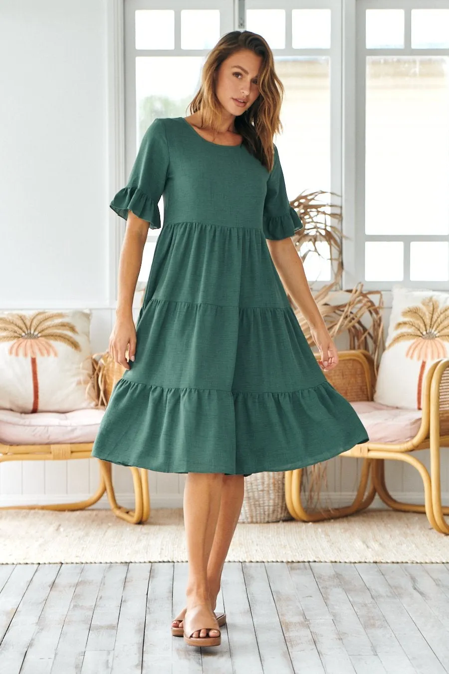 Kimberly Green Midi Tiered Dress