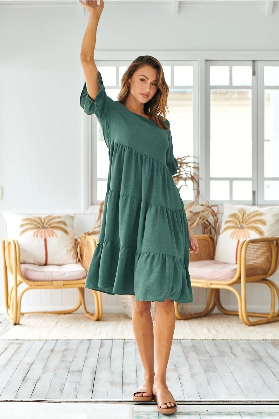 Kimberly Green Midi Tiered Dress