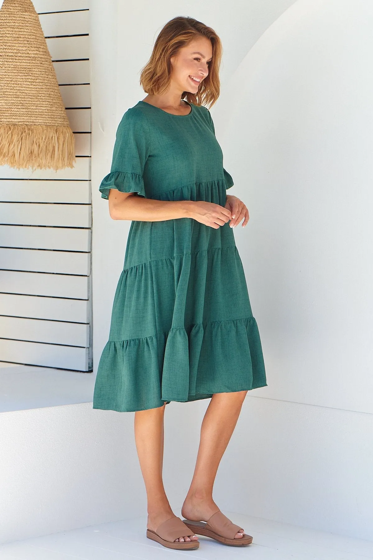 Kimberly Green Midi Tiered Dress