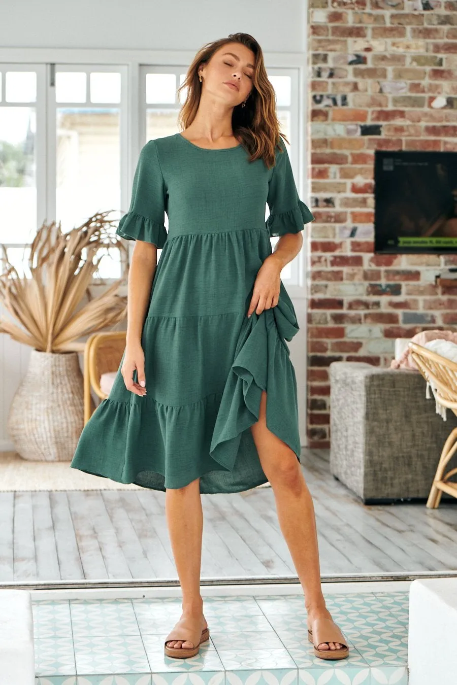 Kimberly Green Midi Tiered Dress