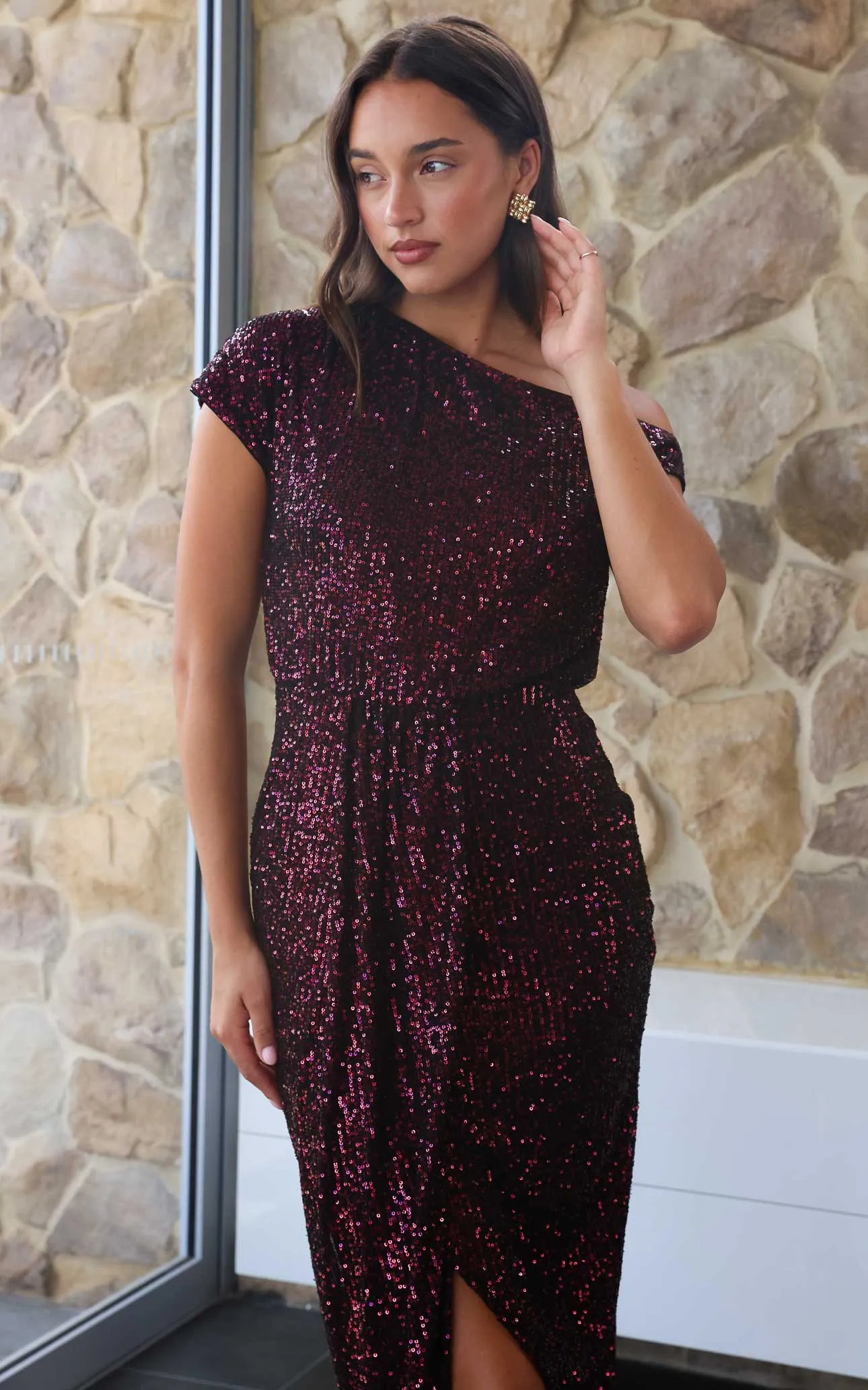 Krista Sequin Midi Dress - Black Plum