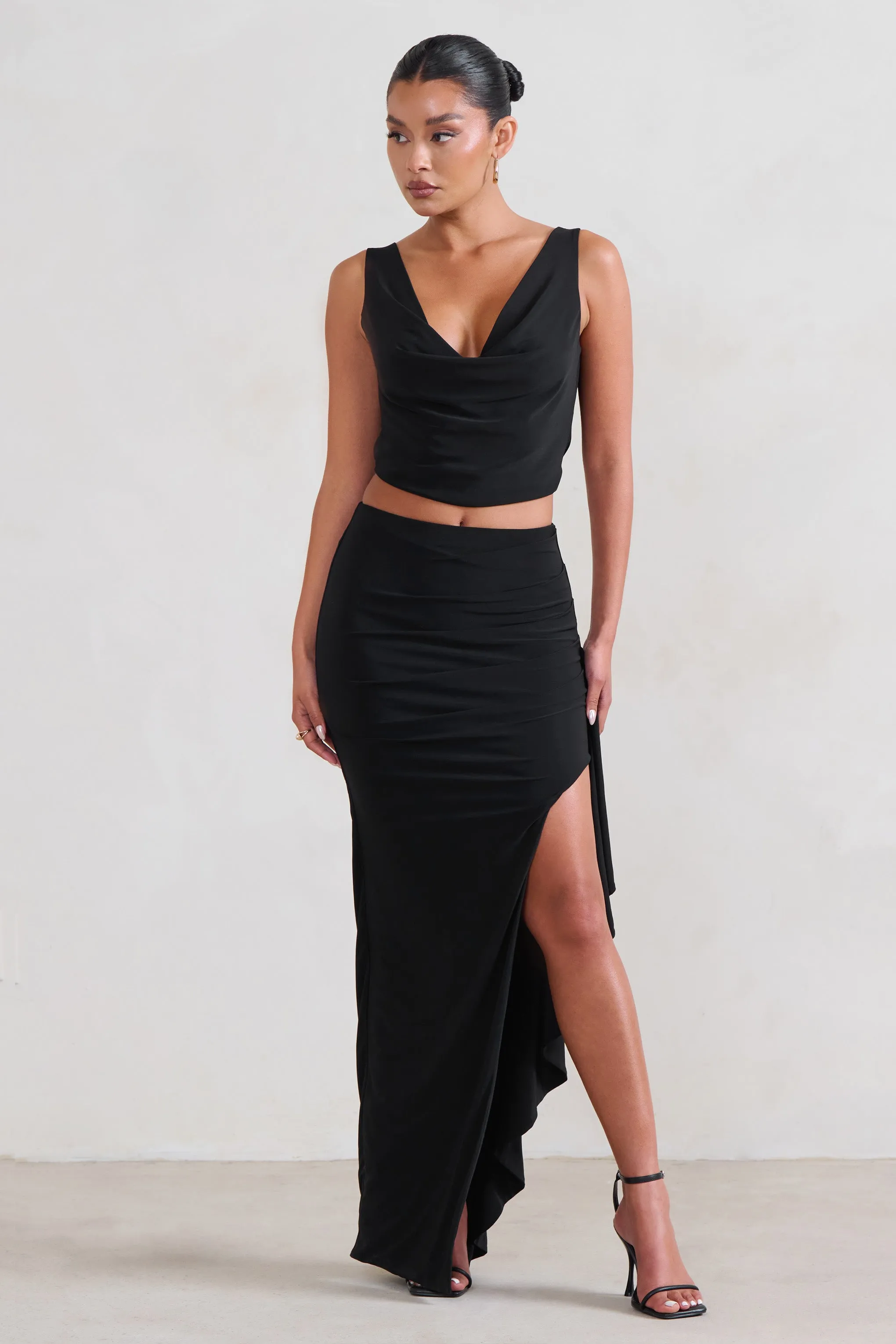 La Belle | Black Ruffle Maxi Skirt With Thigh Split