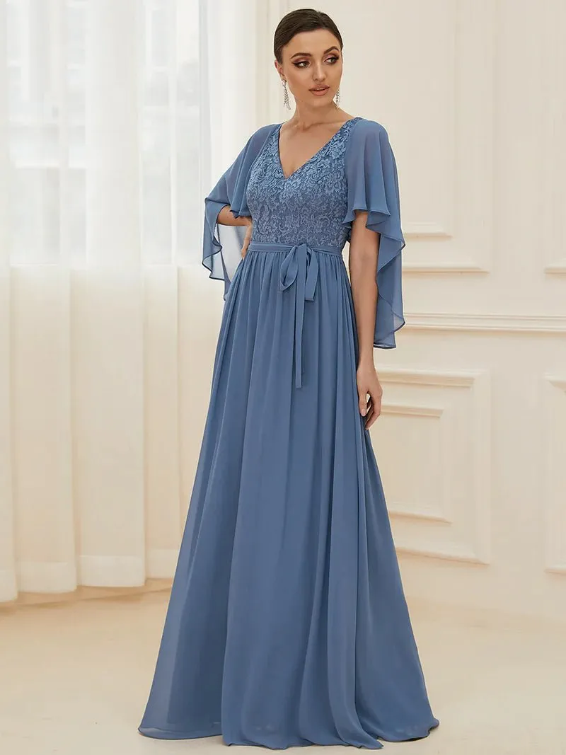 Lace Top Flowy Cape Evening Dress