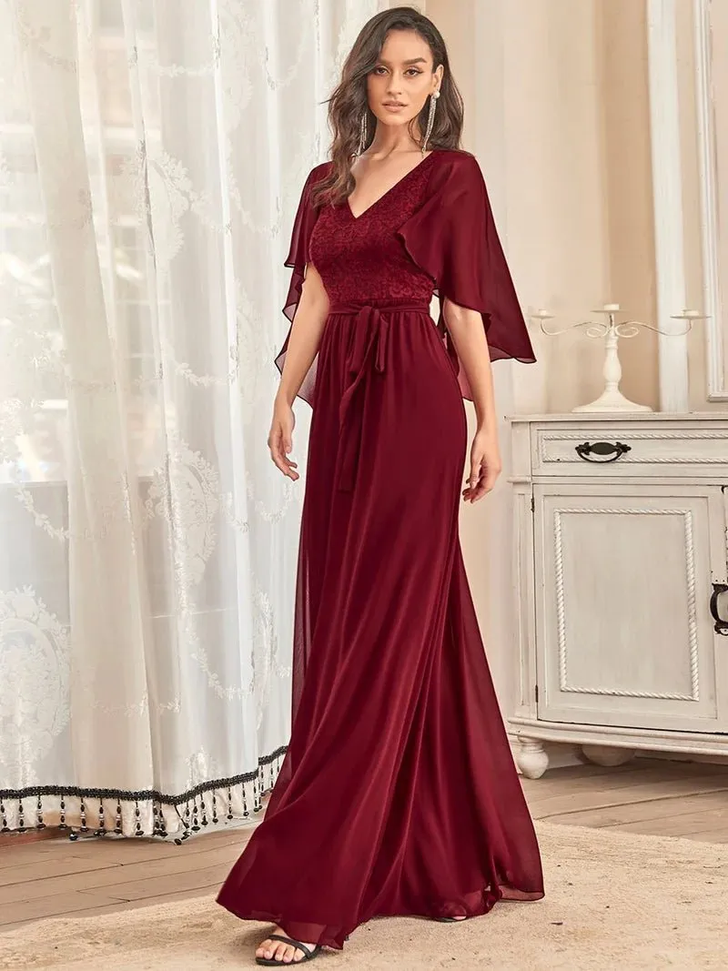 Lace Top Flowy Cape Evening Dress