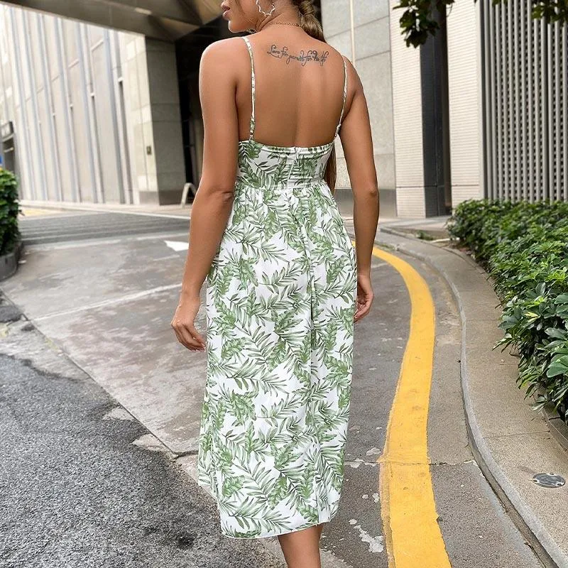 Leaf Print Spaghetti Strap Long Dress