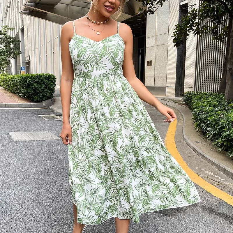 Leaf Print Spaghetti Strap Long Dress