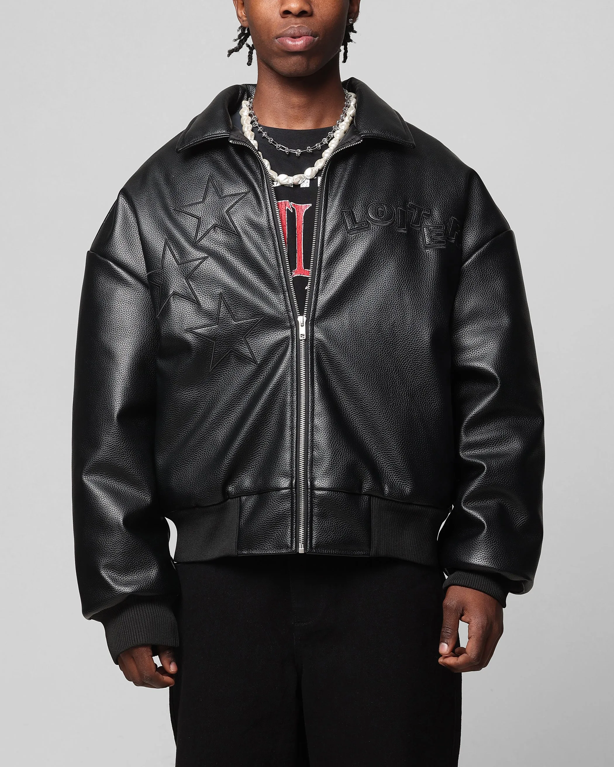 Loiter Solar PU Leather Varsity Jacket Black