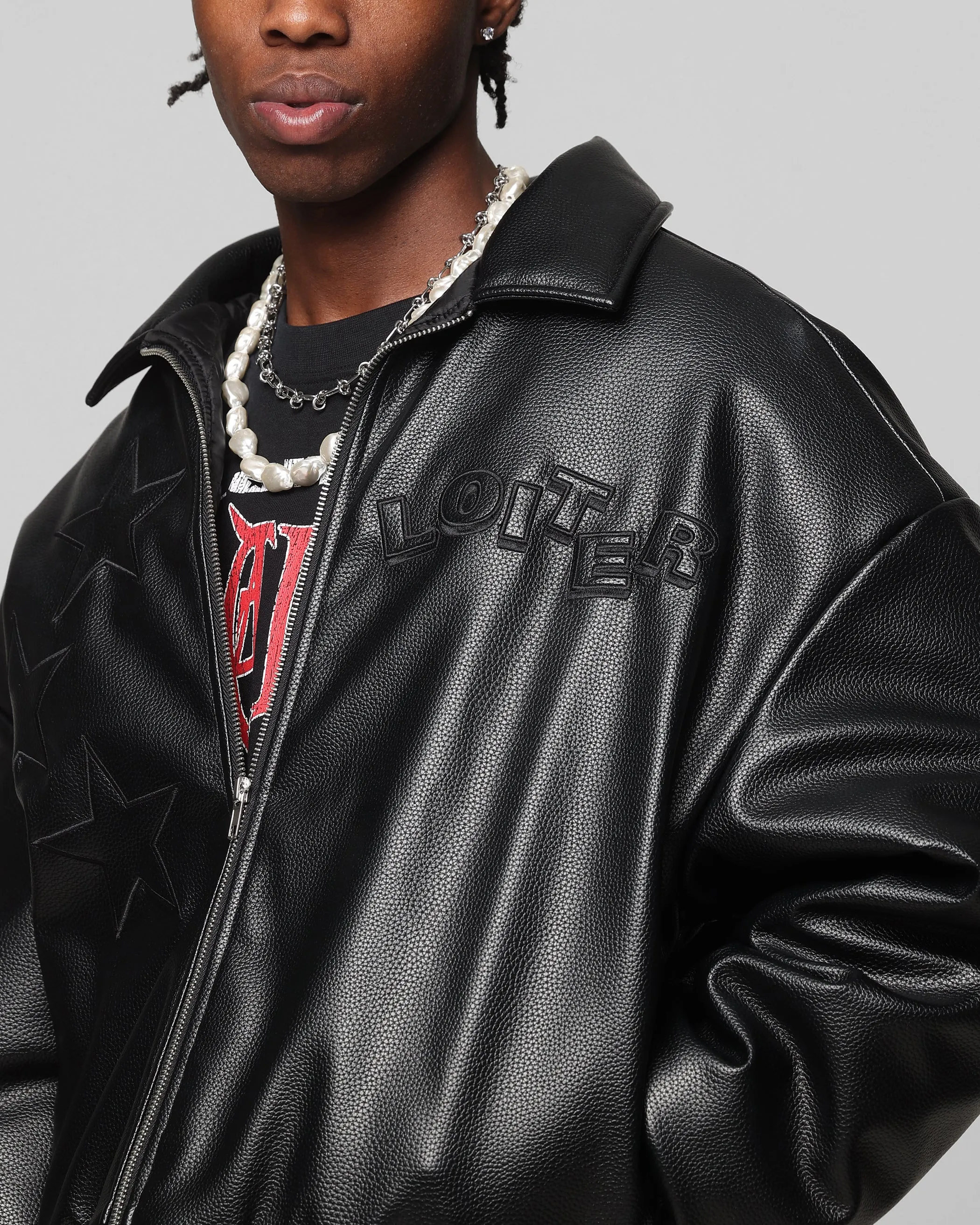 Loiter Solar PU Leather Varsity Jacket Black