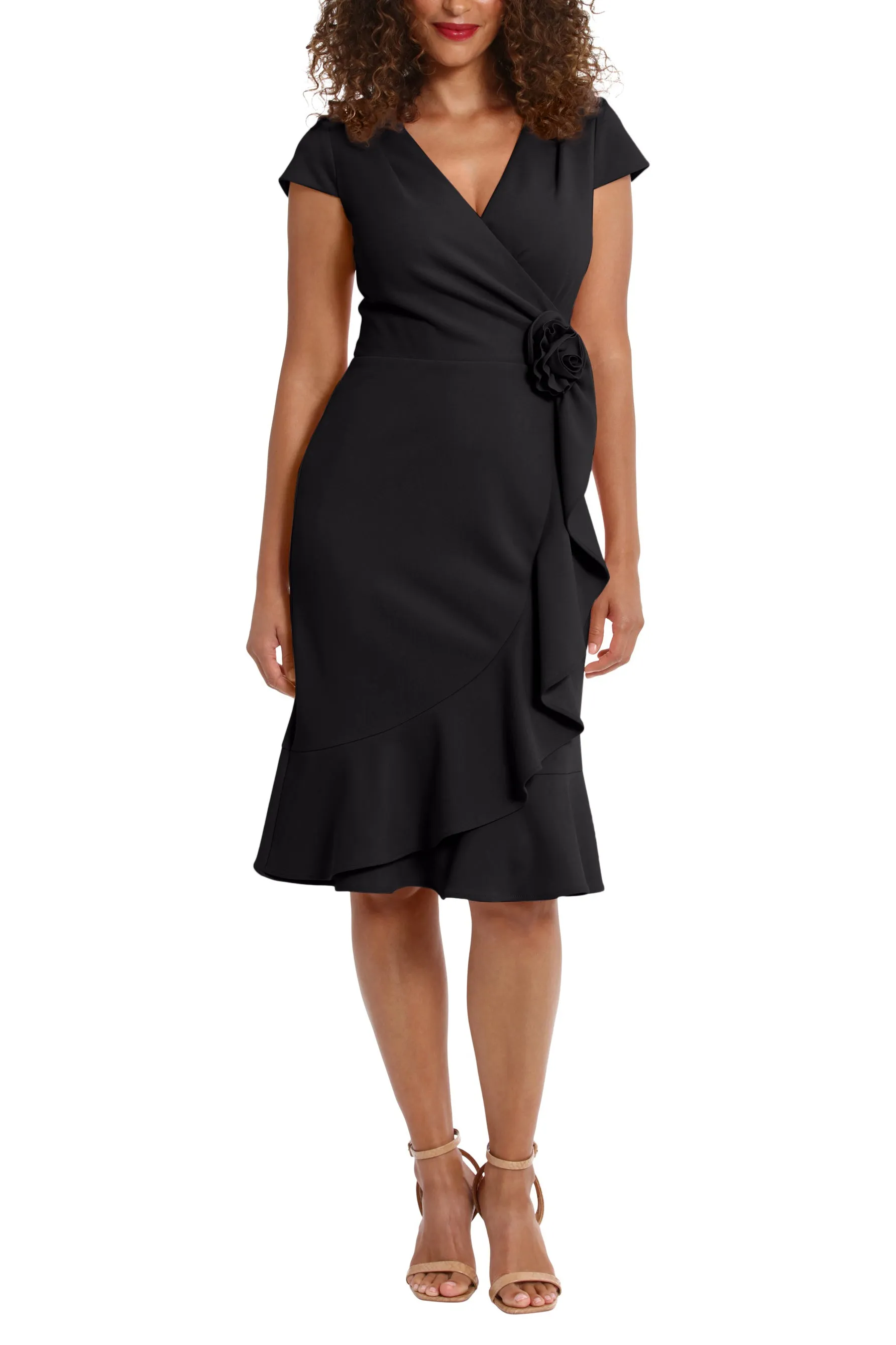 London Times V-Neck Cap Sleeve Wrap with Cascade Ruffle with Rosette Sheath Dress