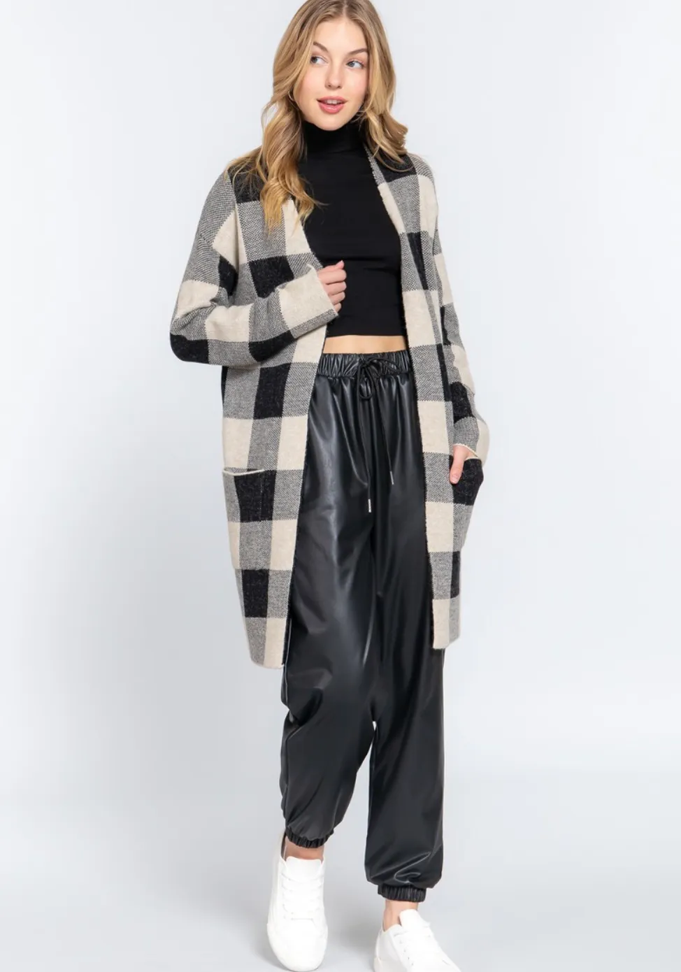 Long Plaid Open Front Cardigan - Assorted Colours