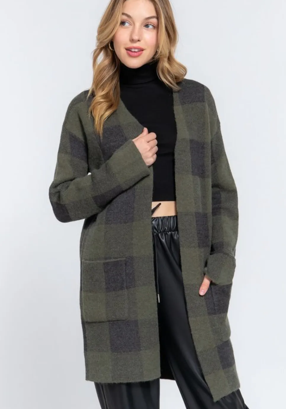 Long Plaid Open Front Cardigan - Assorted Colours