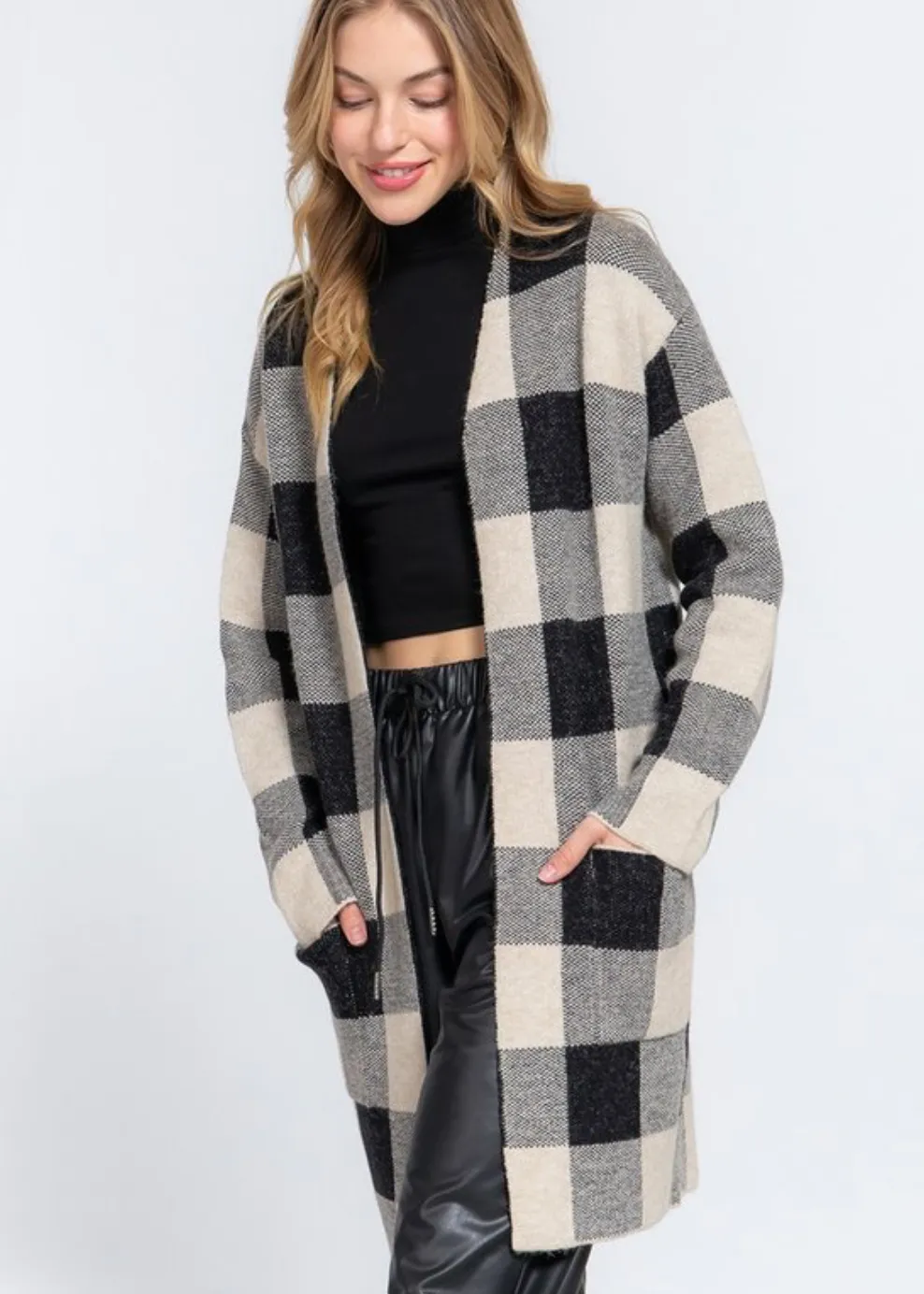 Long Plaid Open Front Cardigan - Assorted Colours