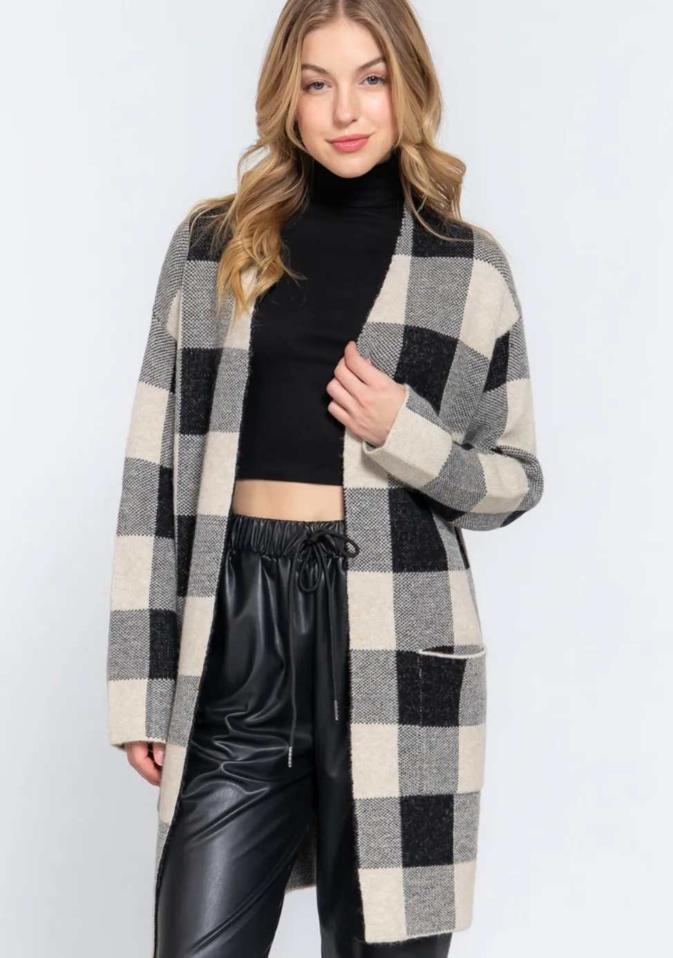 Long Plaid Open Front Cardigan - Assorted Colours