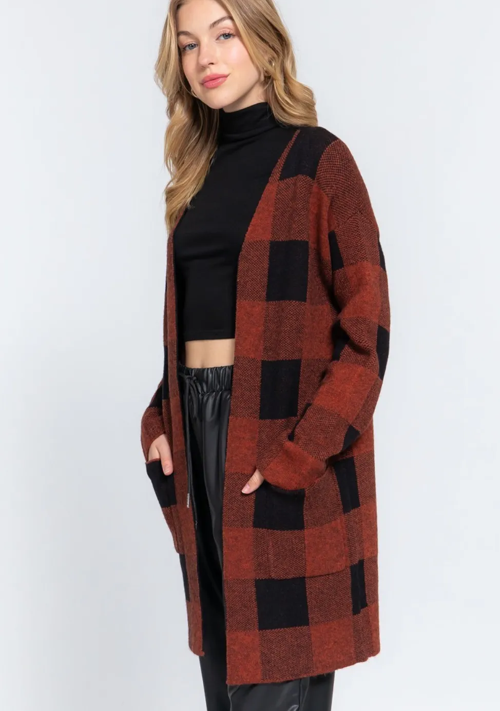 Long Plaid Open Front Cardigan - Assorted Colours