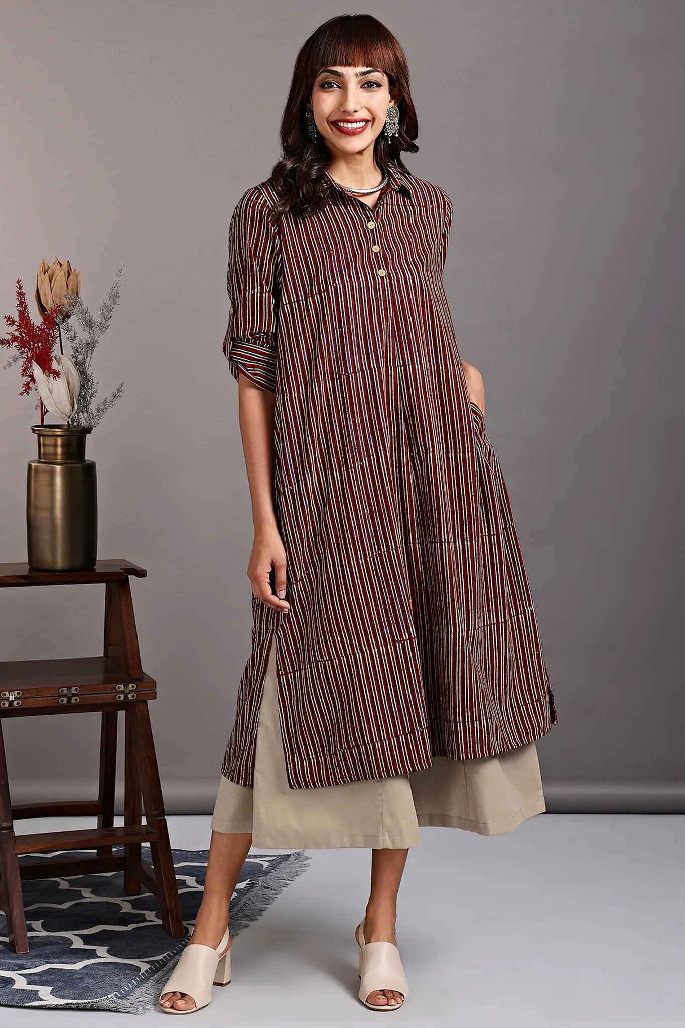 long shirt dress - carnelian red & ebony stripes