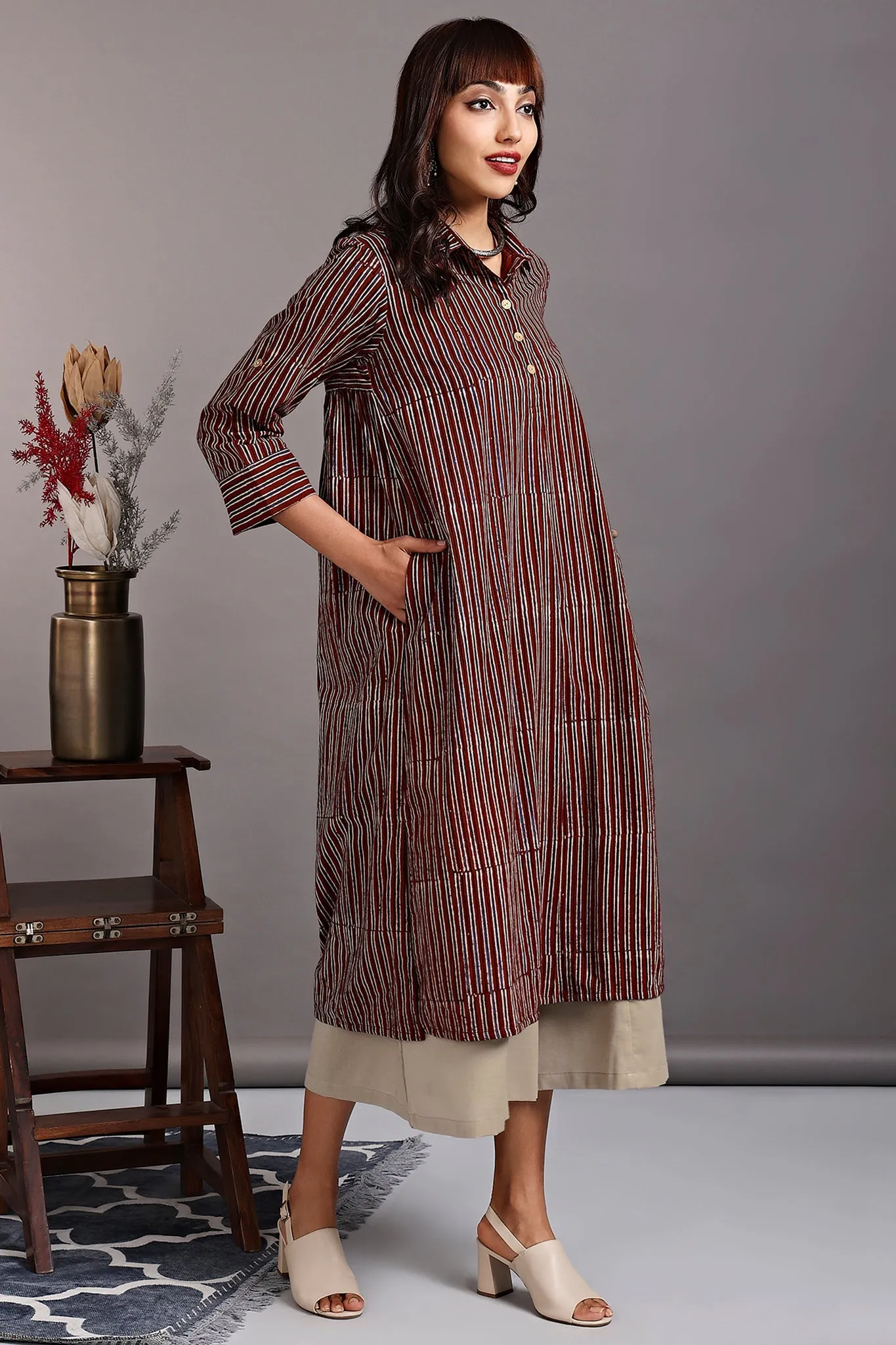 long shirt dress - carnelian red & ebony stripes