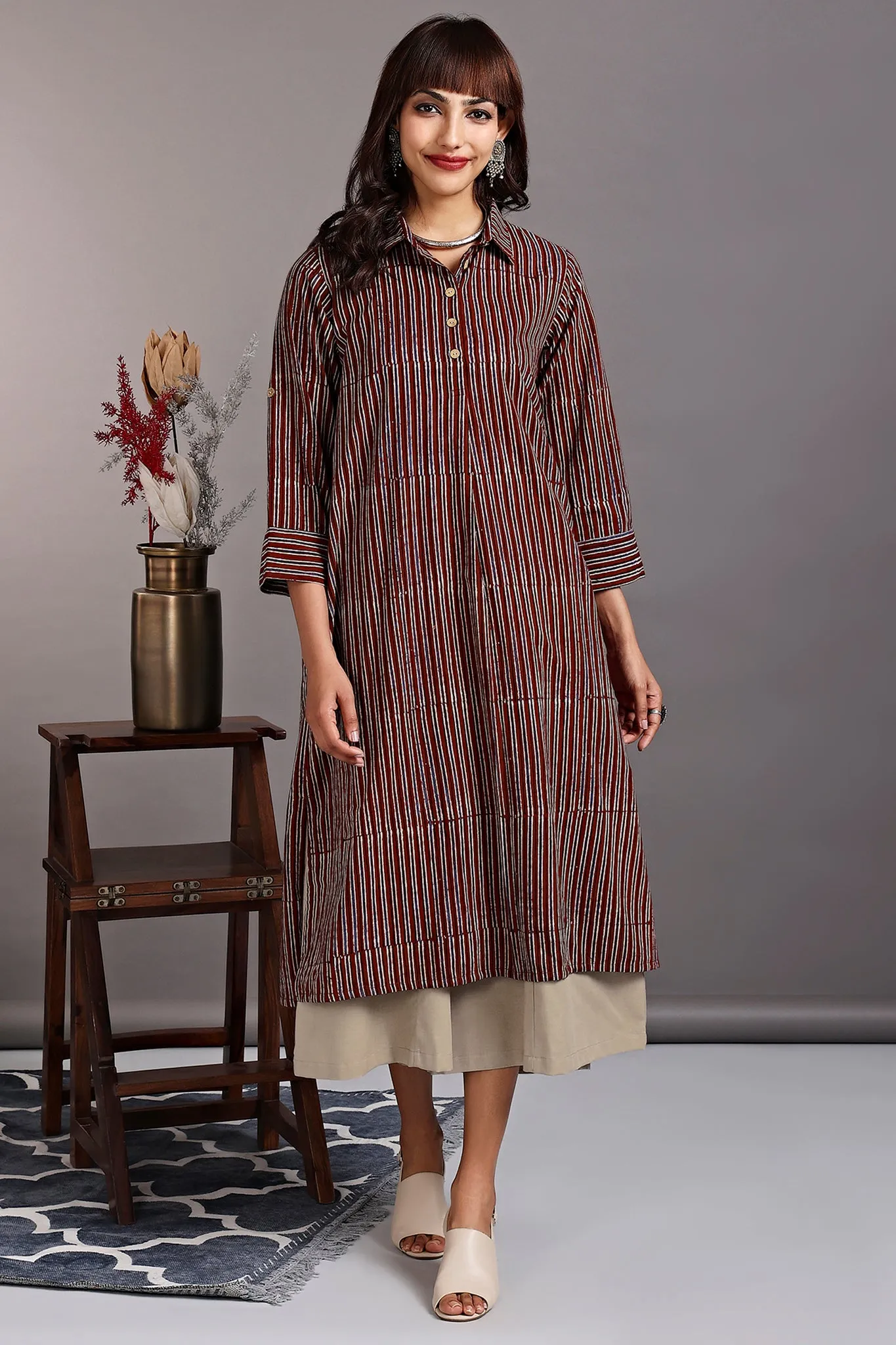 long shirt dress - carnelian red & ebony stripes